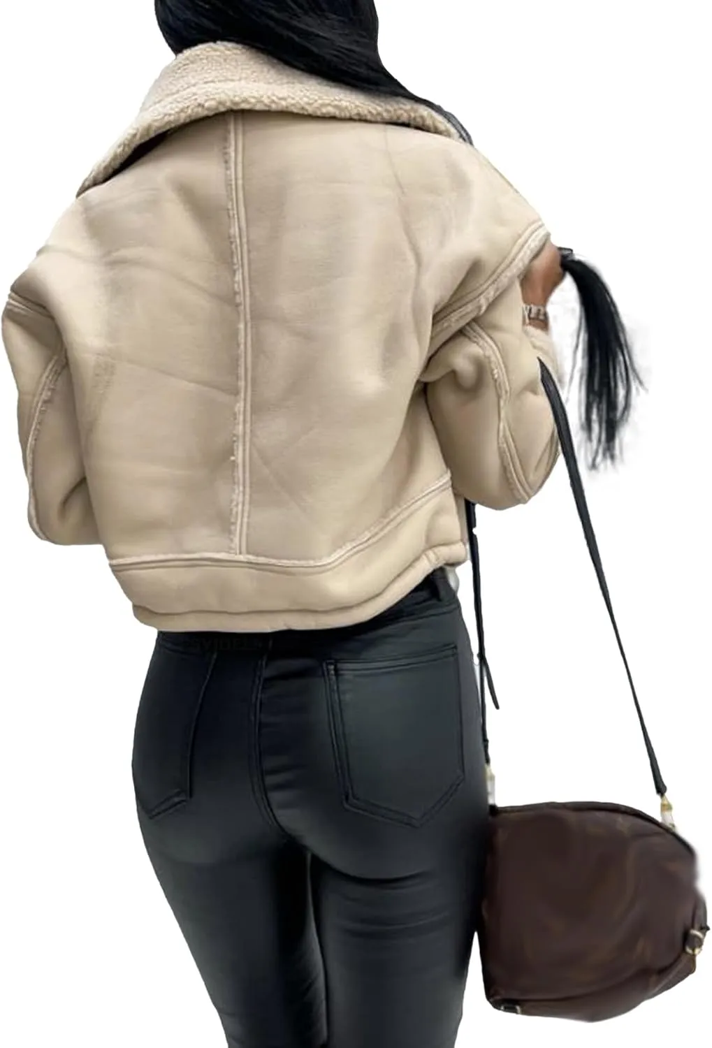 Sexyshine Women's Faux Shearing Moto Bomber Jacket Sherpa-Lined Coat Winter Aviator Leather Coat Outerwear