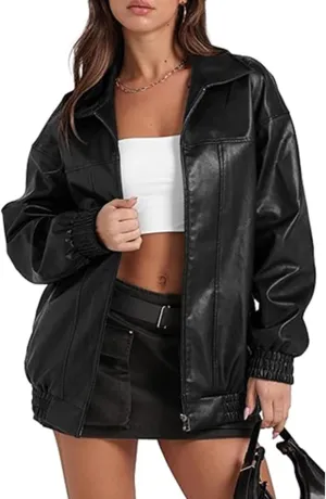 Sexyshine Women's Oversized Faux Leather Jacket Lapel Collar Zip Up Long Sleeve PU Leather Coat Motorcycle Bomber Overcoat