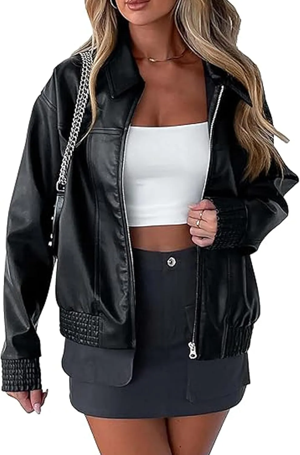 Sexyshine Women's Oversized Faux Leather Jacket Lapel Long Sleeve Zip Up PU Leather Coat Motorcycle Bomber Biker Overcoat