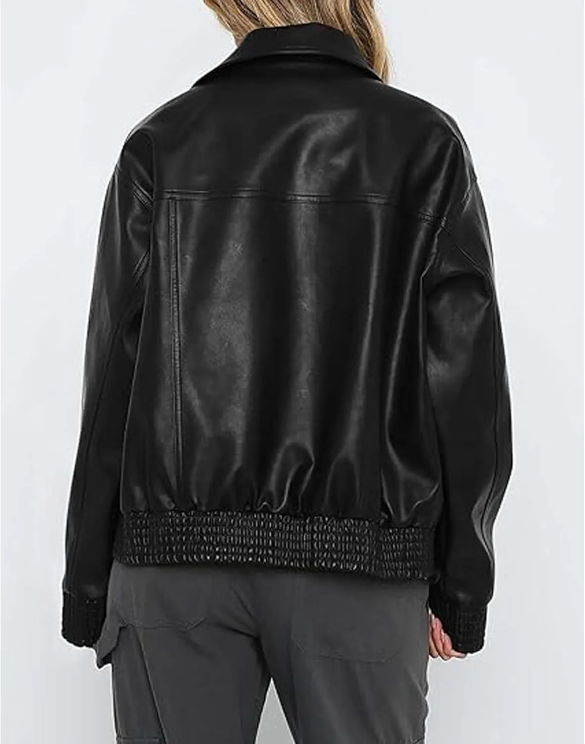 Sexyshine Women's Oversized Faux Leather Jacket Lapel Long Sleeve Zip Up PU Leather Coat Motorcycle Bomber Biker Overcoat