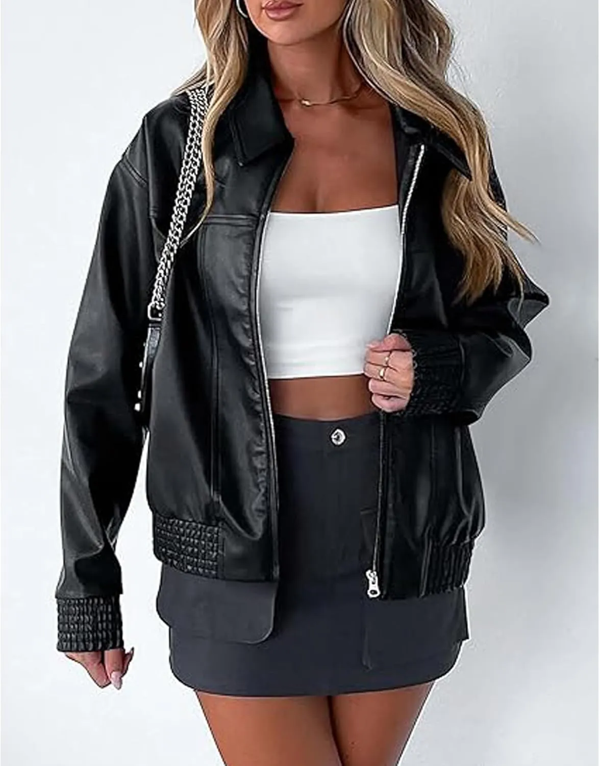 Sexyshine Women's Oversized Faux Leather Jacket Lapel Long Sleeve Zip Up PU Leather Coat Motorcycle Bomber Biker Overcoat