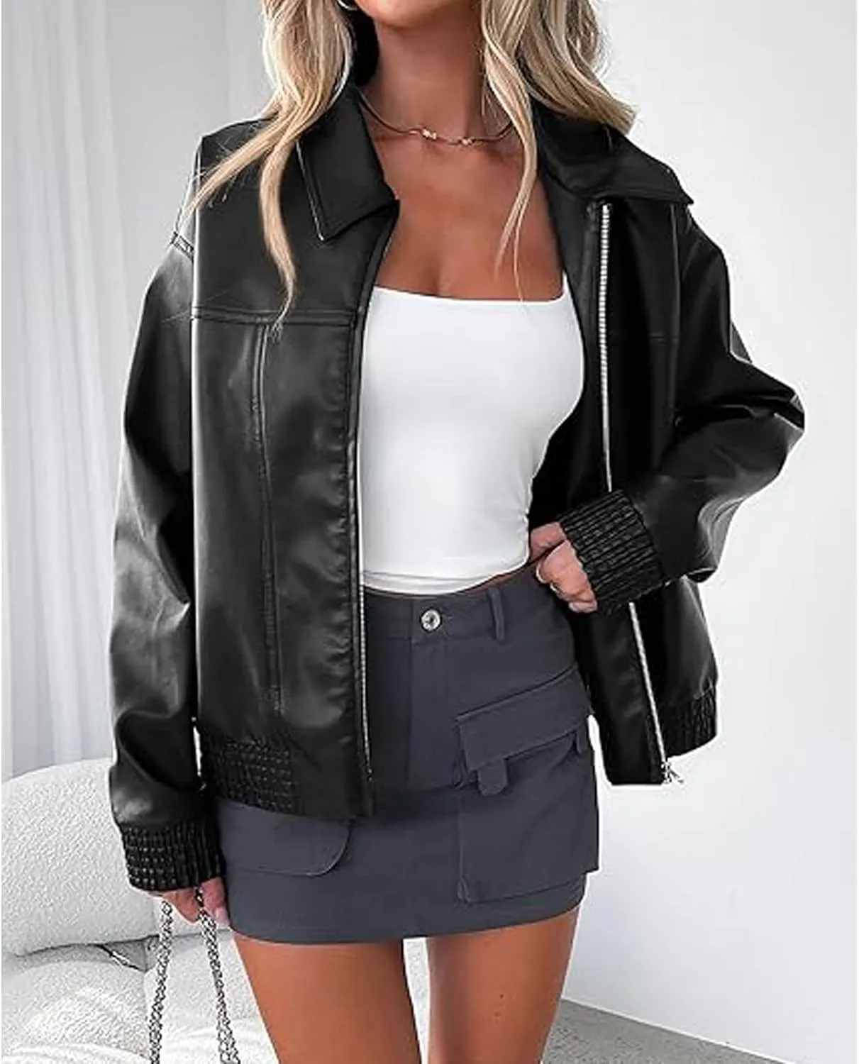 Sexyshine Women's Oversized Faux Leather Jacket Lapel Long Sleeve Zip Up PU Leather Coat Motorcycle Bomber Biker Overcoat