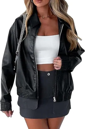Sexyshine Women's Oversized Faux Leather Jacket Lapel Long Sleeve Zip Up PU Leather Coat Motorcycle Bomber Biker Overcoat