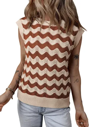 SHEWIN Sweater Vest for Women Crewneck Striped Crochet Sleeveless Sweaters Tank Tops