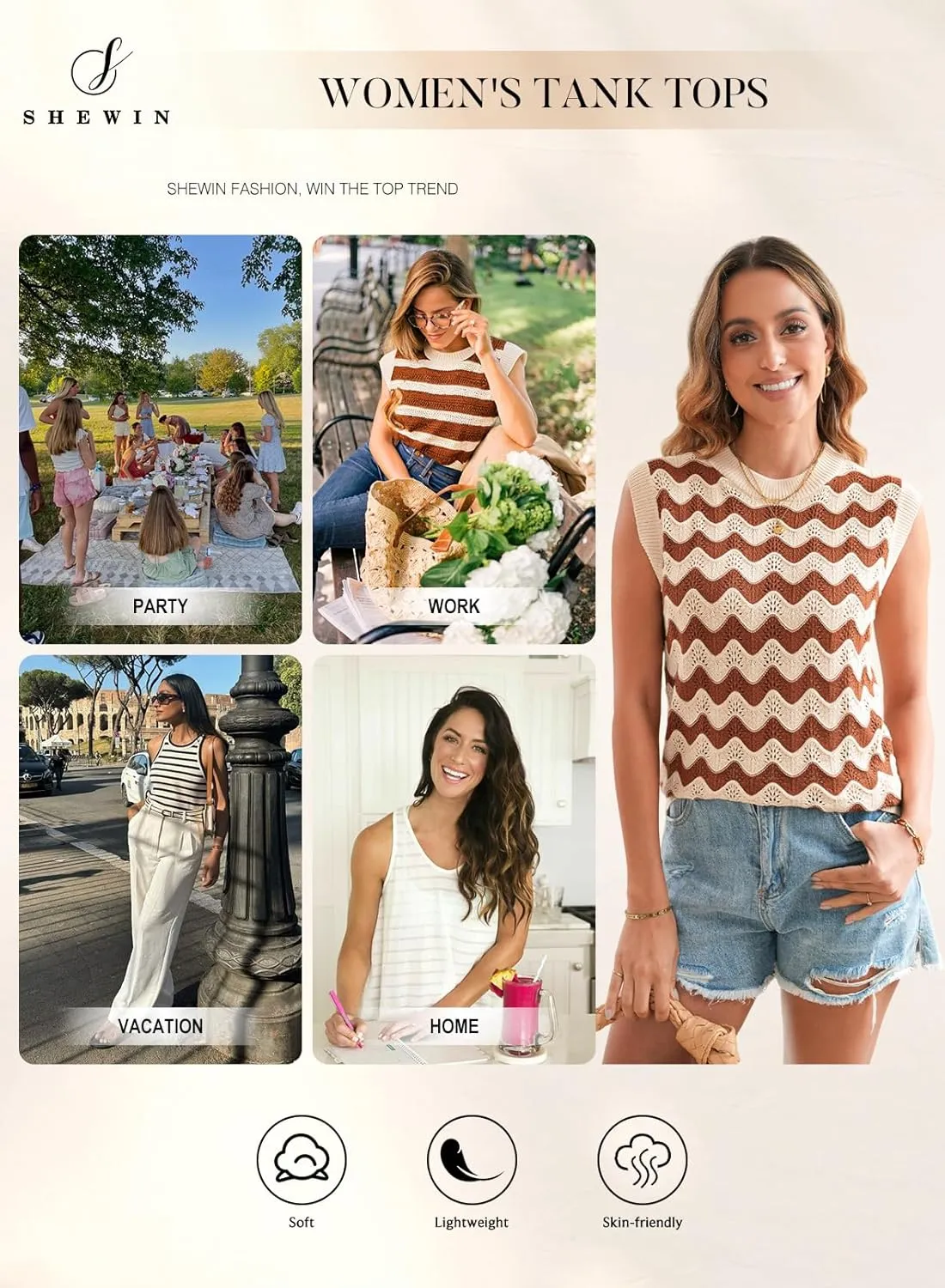 SHEWIN Sweater Vest for Women Crewneck Striped Crochet Sleeveless Sweaters Tank Tops