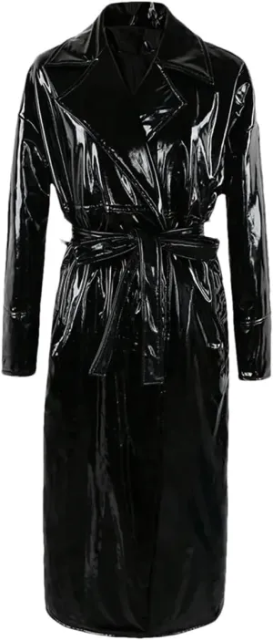 Shiny PVC Leather Long Oversized Trench Coat for Women Single Breasted Sashes Runway Overcoats