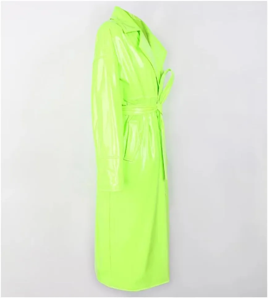 Shiny PVC Leather Long Oversized Trench Coat for Women Single Breasted Sashes Runway Overcoats