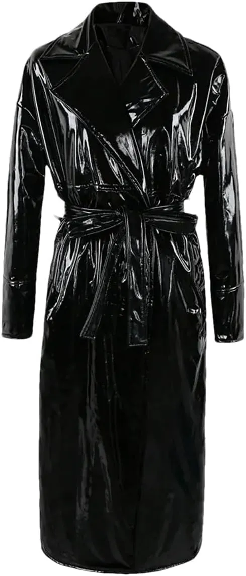 Shiny PVC Leather Long Oversized Trench Coat for Women Single Breasted Sashes Runway Overcoats
