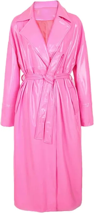 Shiny PVC Leather Long Oversized Trench Coat for Women Single Breasted Sashes Runway Overcoats