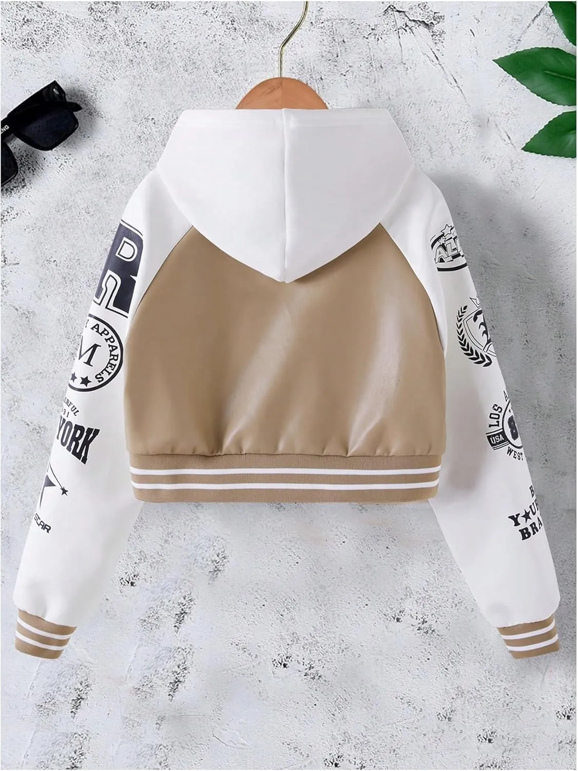 SOLY HUX Girl's PU Leather Varsity Jacket Color Block Letter Graphic Patchwork Long Sleeve Casual Outerwear