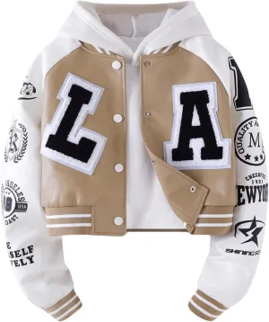 SOLY HUX Girl's PU Leather Varsity Jacket Color Block Letter Graphic Patchwork Long Sleeve Casual Outerwear