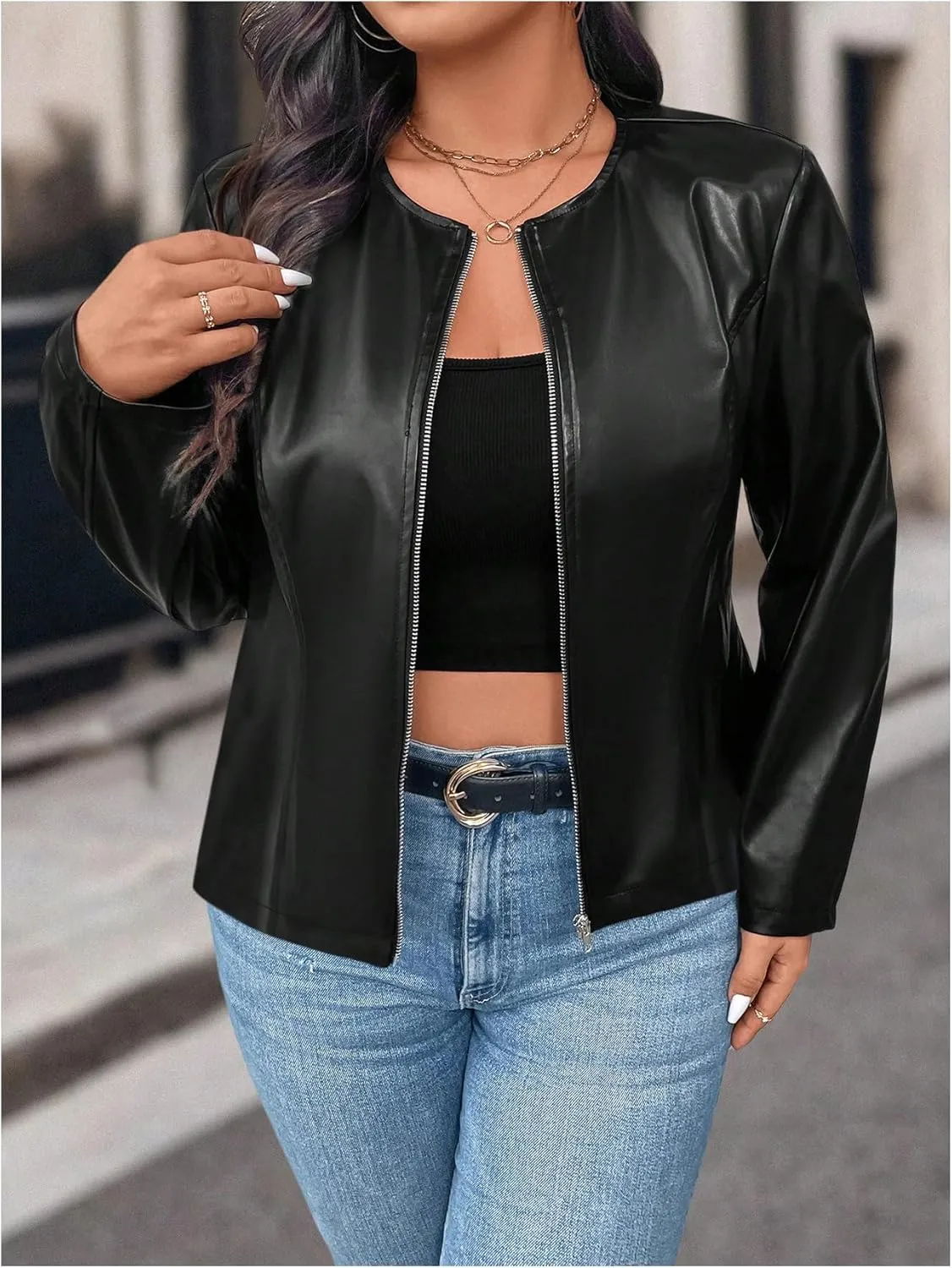 SOLY HUX Women's Plus Size PU Leather Jacket Zip Up Crew Neck Long Sleeve Bomber Jacket Outerwear