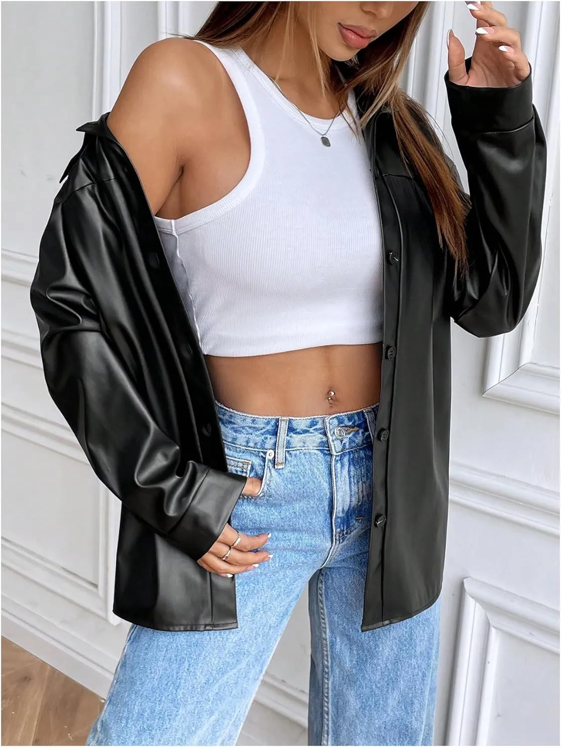 SOLY HUX Women's PU Leather Shacket Jacket Button Down Long Sleeve Motorcycle Jackets Outerwear
