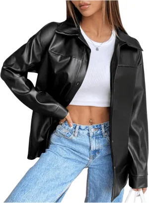 SOLY HUX Women's PU Leather Shacket Jacket Button Down Long Sleeve Motorcycle Jackets Outerwear