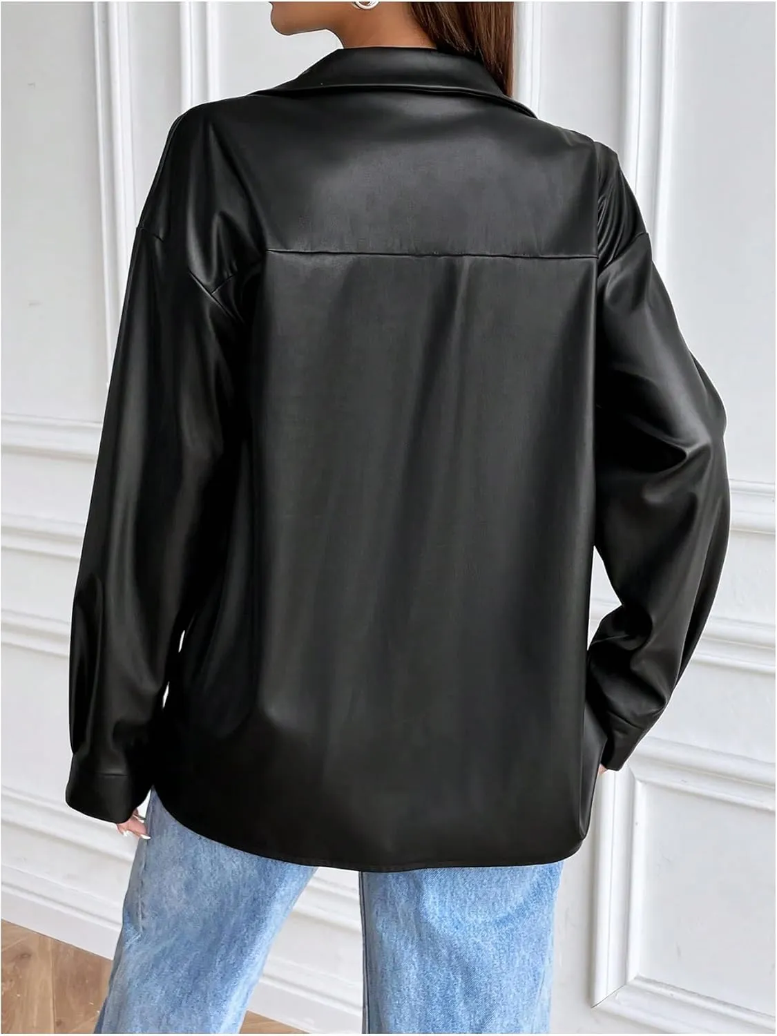 SOLY HUX Women's PU Leather Shacket Jacket Button Down Long Sleeve Motorcycle Jackets Outerwear