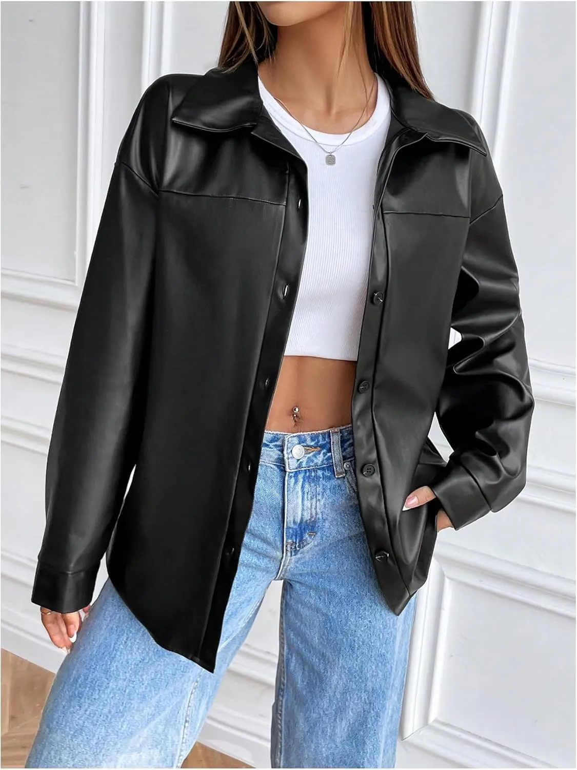 SOLY HUX Women's PU Leather Shacket Jacket Button Down Long Sleeve Motorcycle Jackets Outerwear