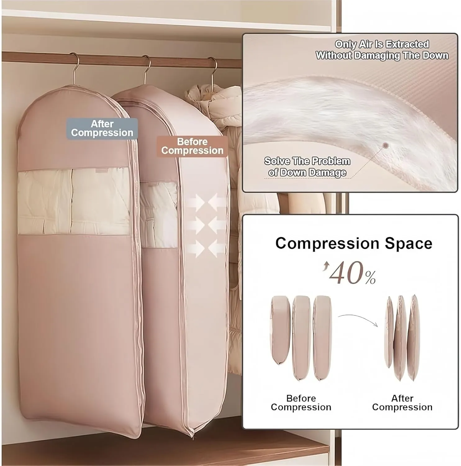 Space Saving Hanging Garment Bag with Self Compression Zipper, 2025 Closet Organizer, Dust Cover Clothes Bag for Down Coat, Heavy Duty Storage Solution, Space Saver for Wardrobe(Pink,X-Large)