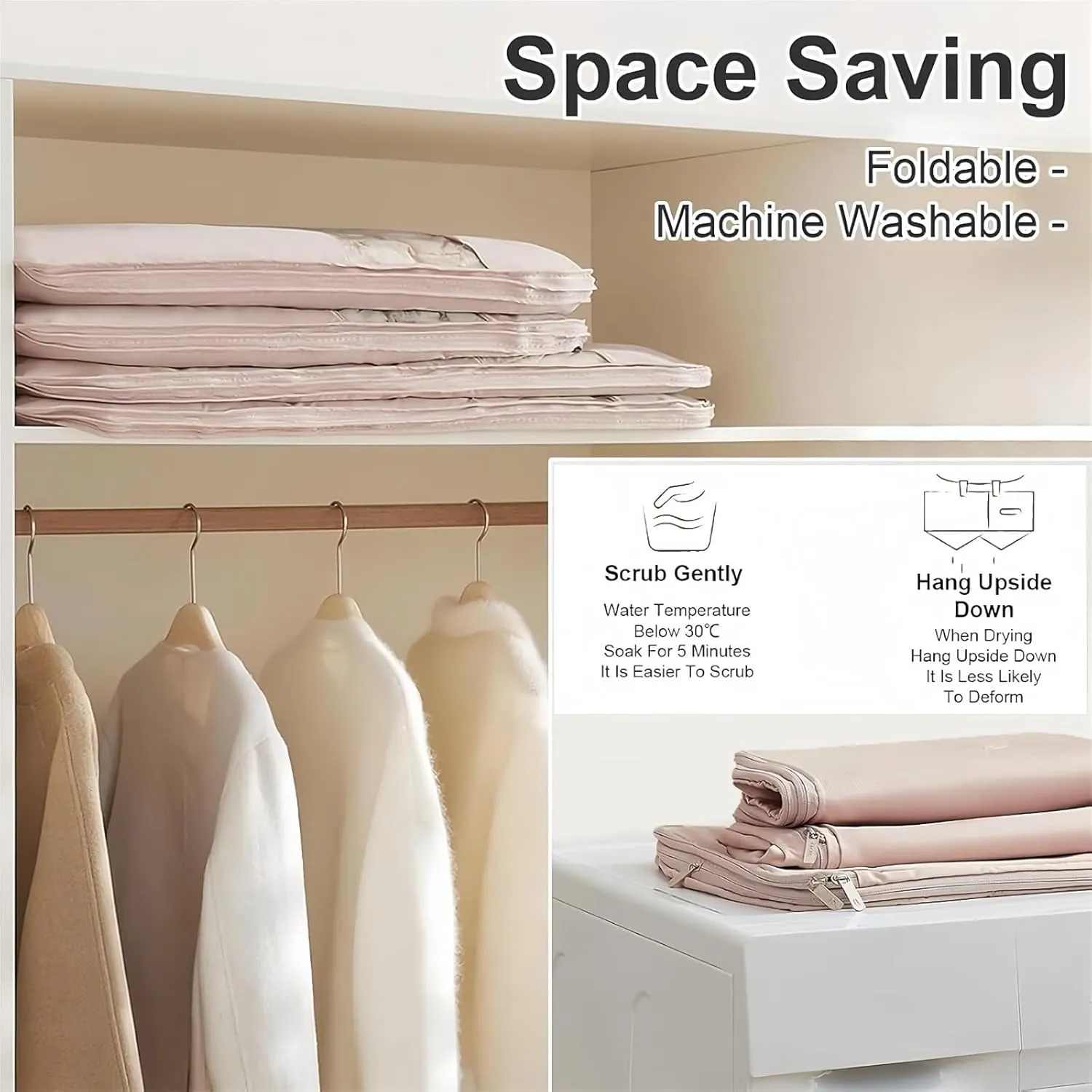 Space Saving Hanging Garment Bag with Self Compression Zipper, 2025 Closet Organizer, Dust Cover Clothes Bag for Down Coat, Heavy Duty Storage Solution, Space Saver for Wardrobe(Pink,X-Large)