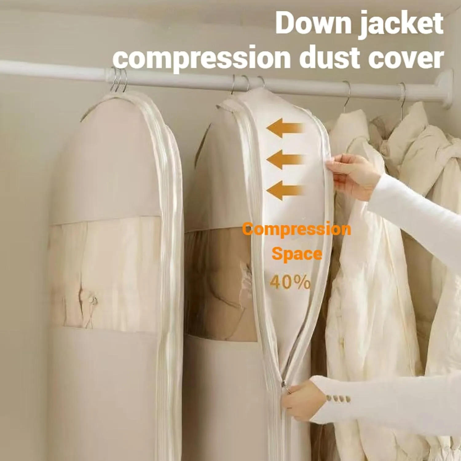 Space Saving Hanging Garment Bag with Self Compression Zipper, Closet Space Savers Organizers, Dust Cover Bags for Clothes, Winter Coat Storage, for Down Jackets, Heavy Clothes (Beige,M)