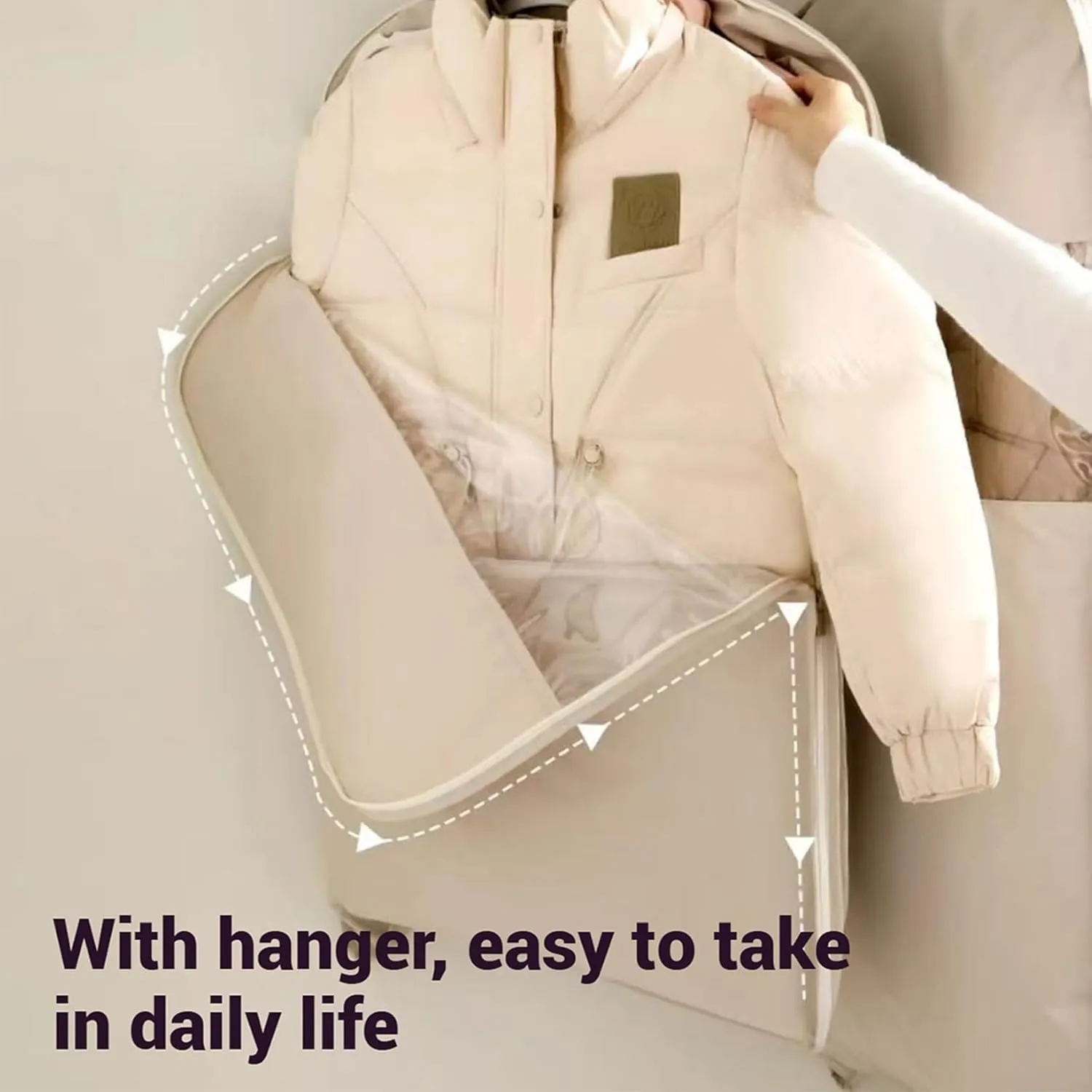 Space Saving Hanging Garment Bag with Self Compression Zipper, Closet Space Savers Organizers, Dust Cover Bags for Clothes, Winter Coat Storage, for Down Jackets, Heavy Clothes (Beige,M)