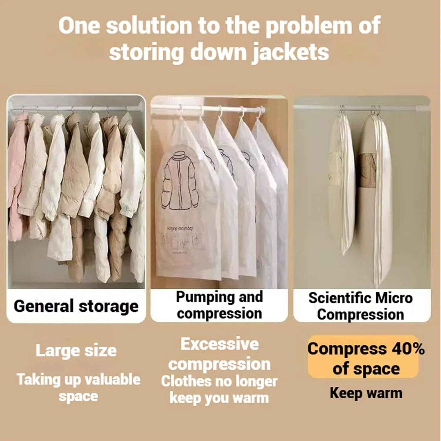 Space Saving Hanging Garment Bag with Self Compression Zipper, Closet Space Savers Organizers, Dust Cover Bags for Clothes, Winter Coat Storage, for Down Jackets, Heavy Clothes (Beige,M)