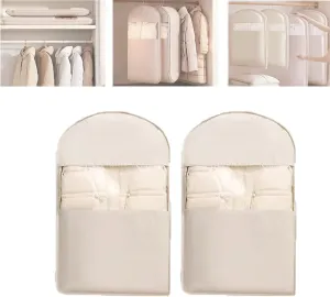 Space Saving Hanging Garment Bag with Self Compression Zipper, Closet Space Savers Organizers, Dust Cover Bags for Clothes, Winter Coat Storage, for Down Jackets, Heavy Clothes (Beige,M)