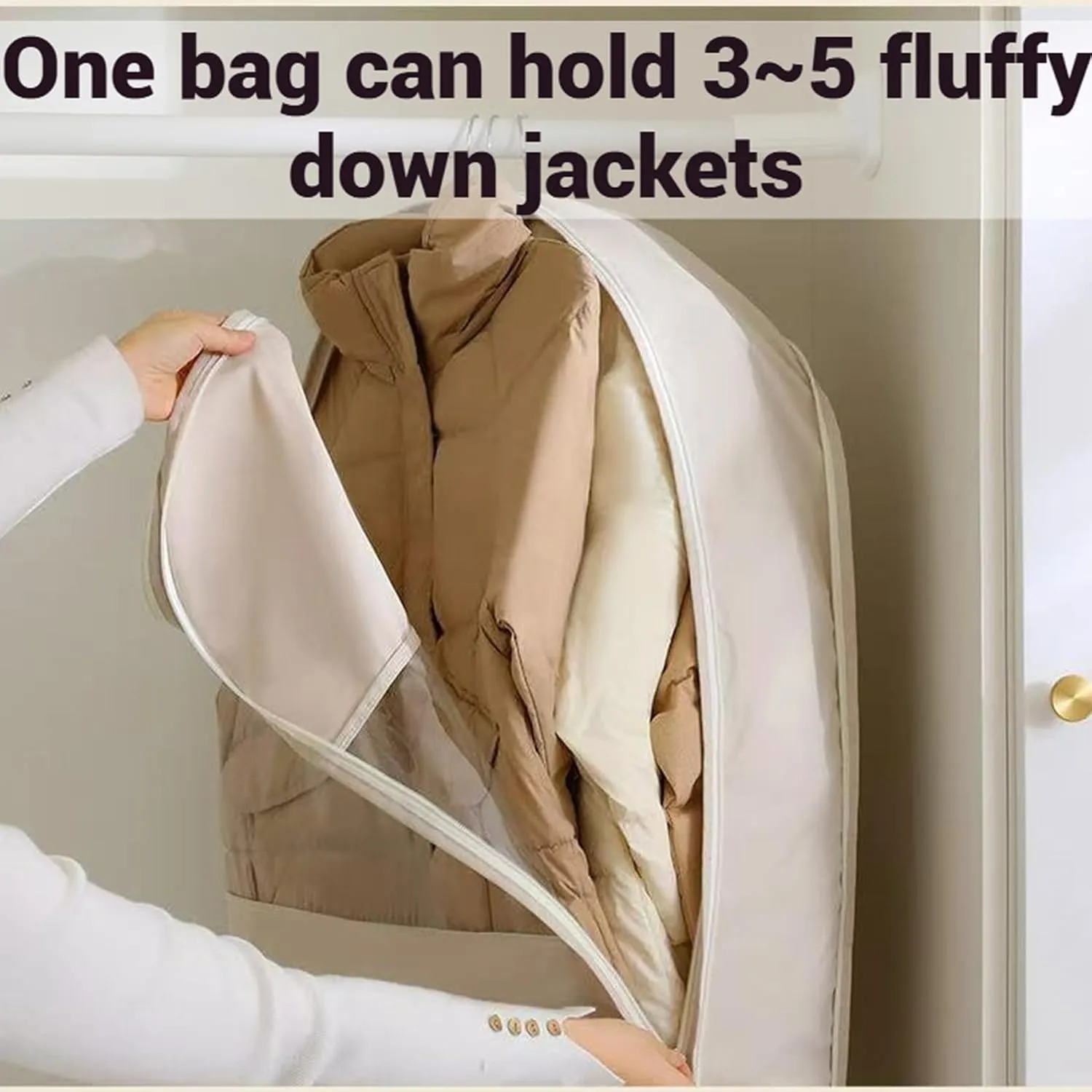 Space Saving Hanging Garment Bag with Self Compression Zipper, Closet Space Savers Organizers, Dust Cover Bags for Clothes, Winter Coat Storage, for Down Jackets, Heavy Clothes (Beige,M)