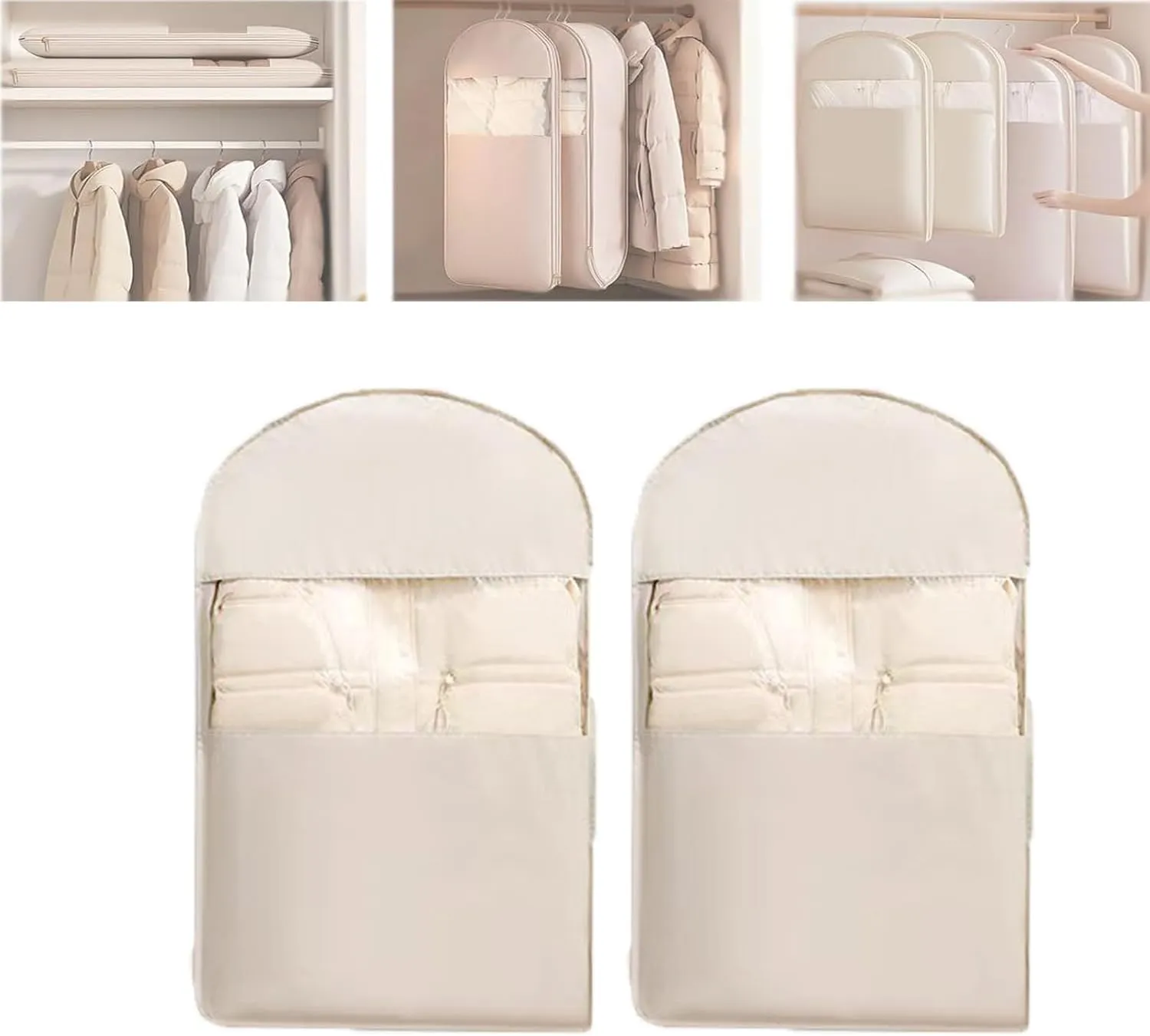 Space Saving Hanging Garment Bag with Self Compression Zipper, Closet Space Savers Organizers, Dust Cover Bags for Clothes, Winter Coat Storage, for Down Jackets, Heavy Clothes (Beige,M)