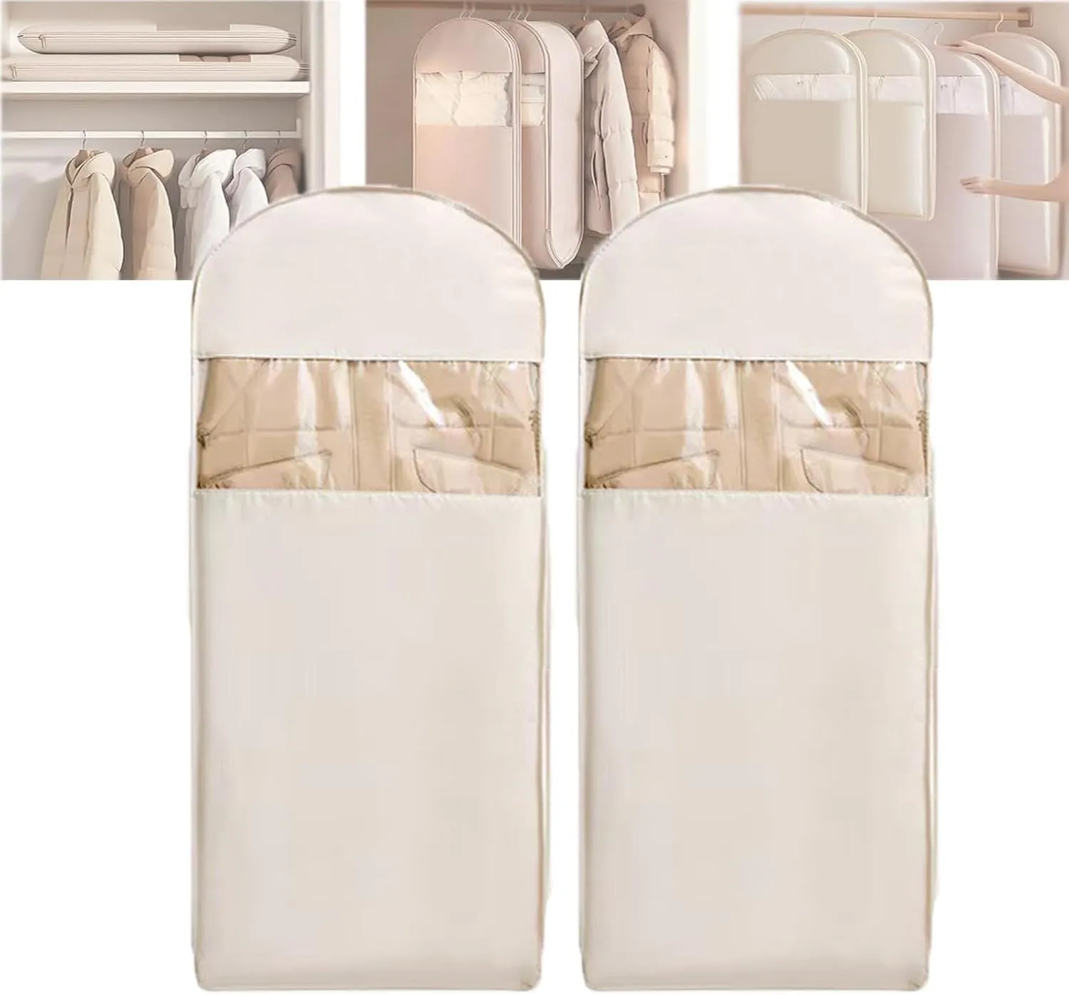 Space Saving Hanging Garment Bag with Self Compression Zipper, Closet Space Savers Organizers, Dust Cover Bags for Clothes, Winter Coat Storage, for Down Jackets, Heavy Clothes (Beige,XL)