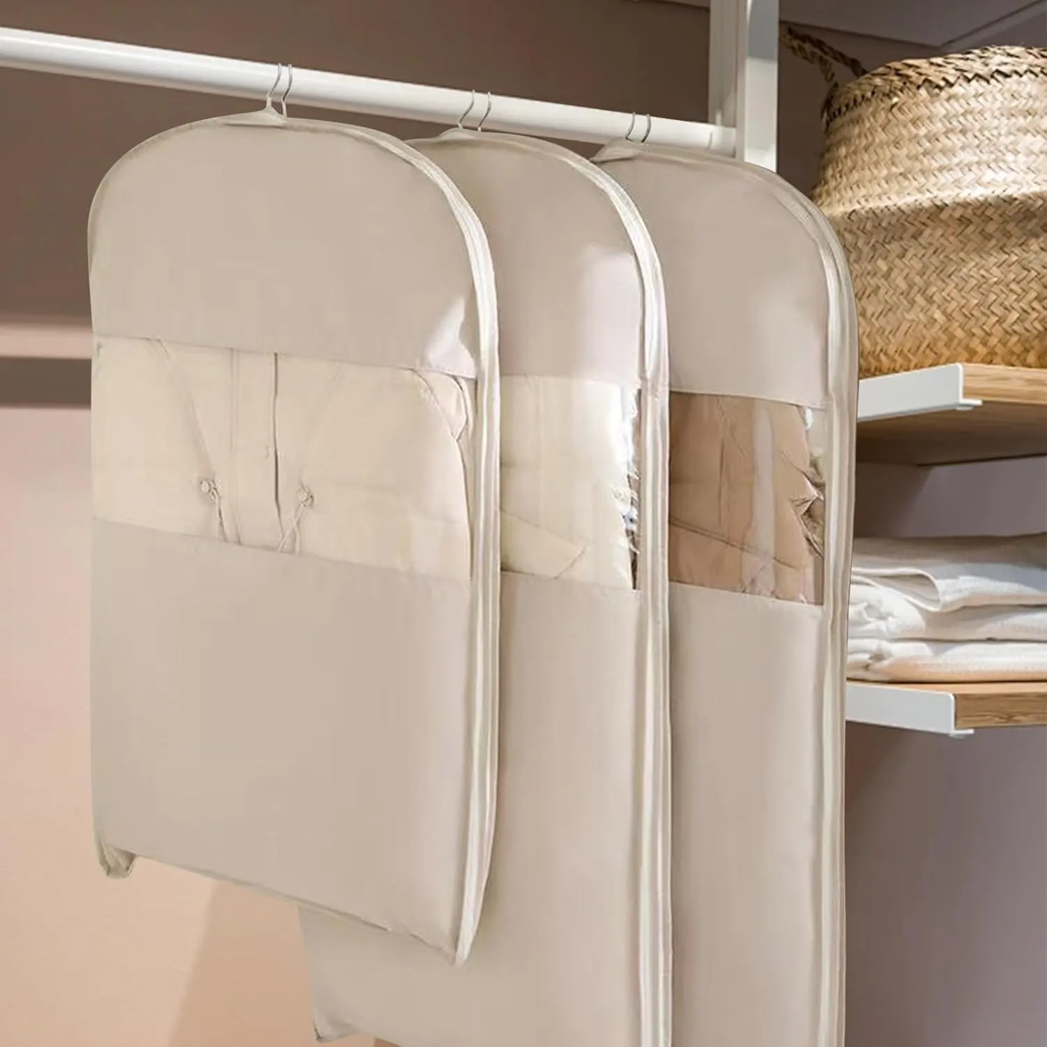 Space Saving Hanging Garment Bag with Self Compression Zipper, Garment Bags for Hanging Clothes, Garment Cover for Shirts, Coats, Dresses (Beige, L)
