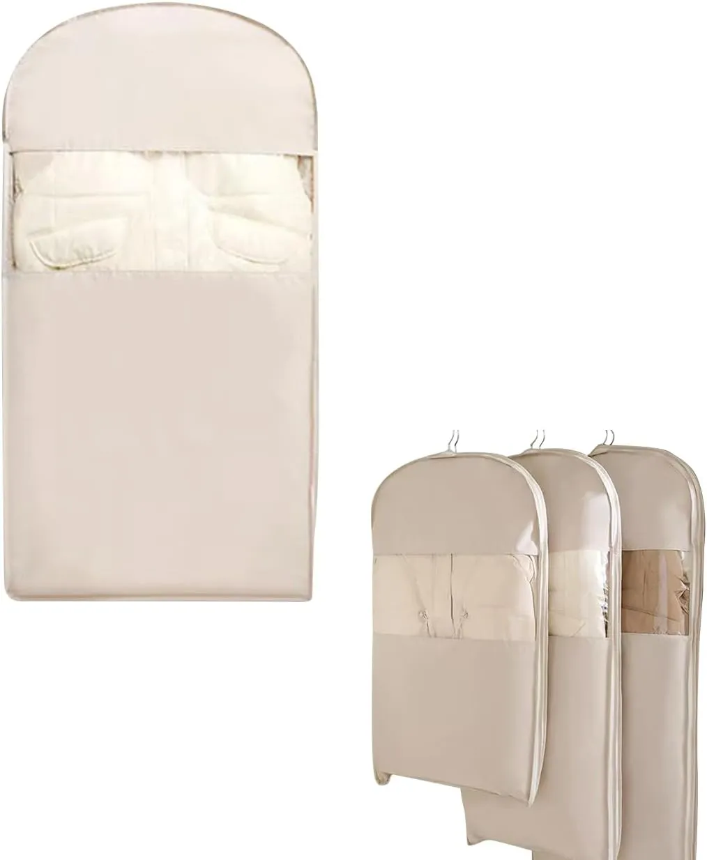 Space Saving Hanging Garment Bag with Self Compression Zipper, Garment Bags for Hanging Clothes, Garment Cover for Shirts, Coats, Dresses (Beige, L)