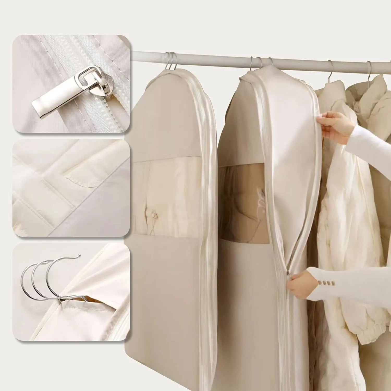Space Saving Hanging Garment Bag with Self Compression Zipper, Garment Bags for Hanging Clothes, Garment Cover for Shirts, Coats, Dresses (Beige, L)