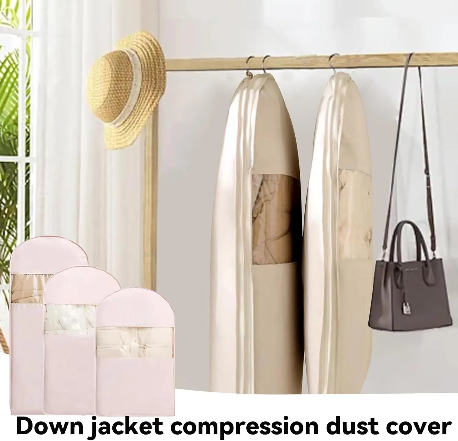 Space Saving Hanging Garment Bag with Self Compression Zipper, Garment Bags for Hanging Clothes, Garment Cover for Shirts, Coats, Dresses (Beige, L)
