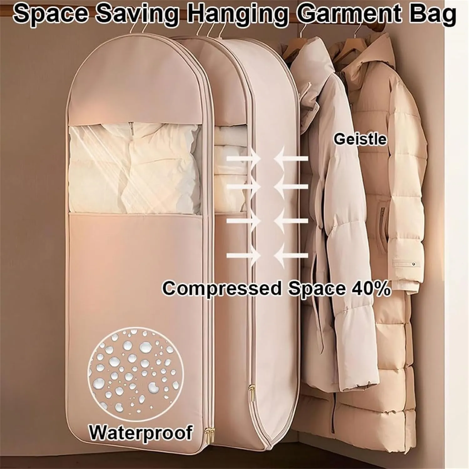 Space Saving Hanging Garment Bag with Self Compression Zipper, Space Saving Hanging Garment Bag, Heavy Duty for down Coat, Saver Closet Organizers (Pink, L)