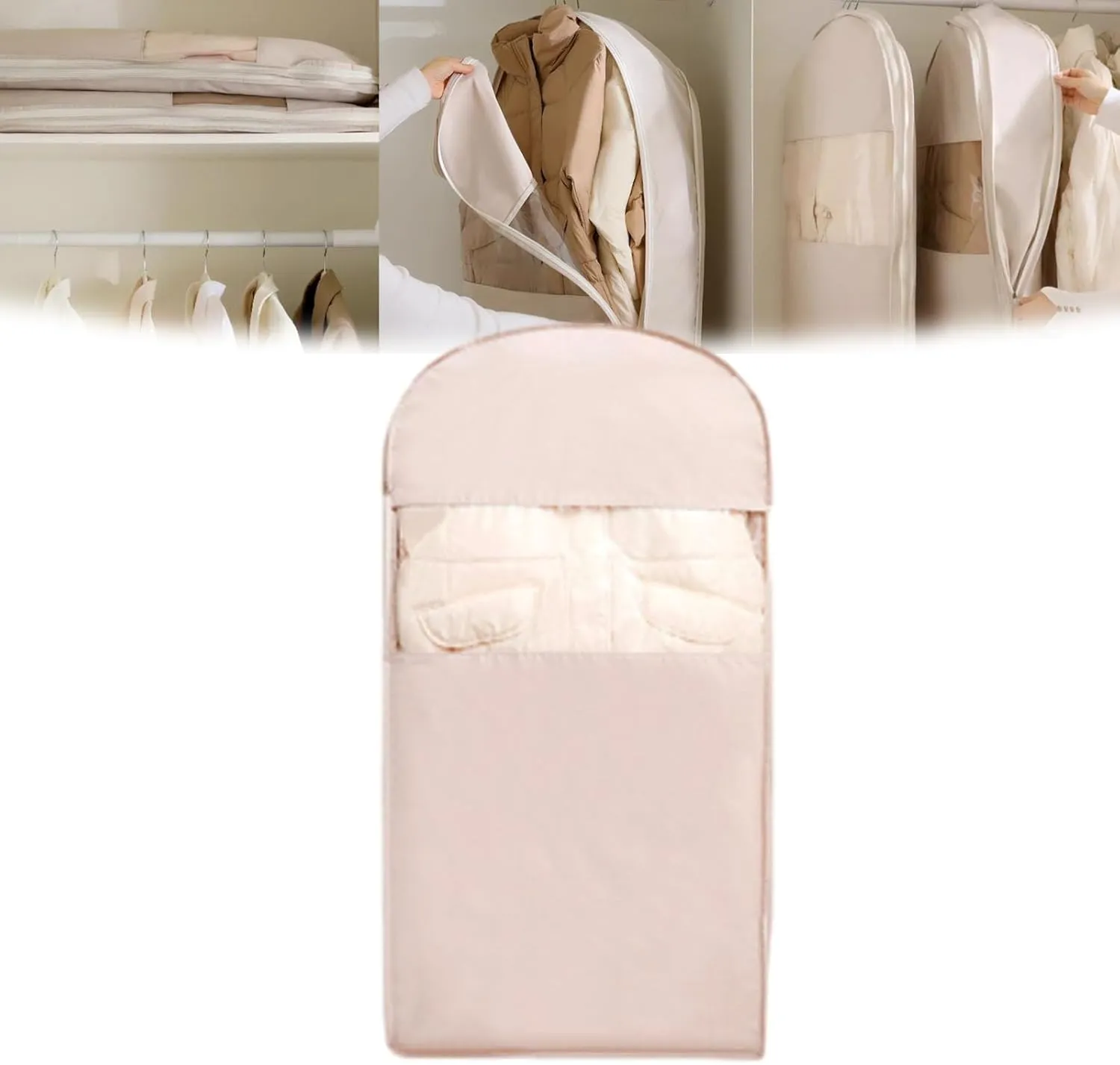 Space Saving Hanging Garment Bag with Self Compression Zipper, Space Saving Hanging Garment Bag, Heavy Duty for down Coat, Saver Closet Organizers (Pink, L)