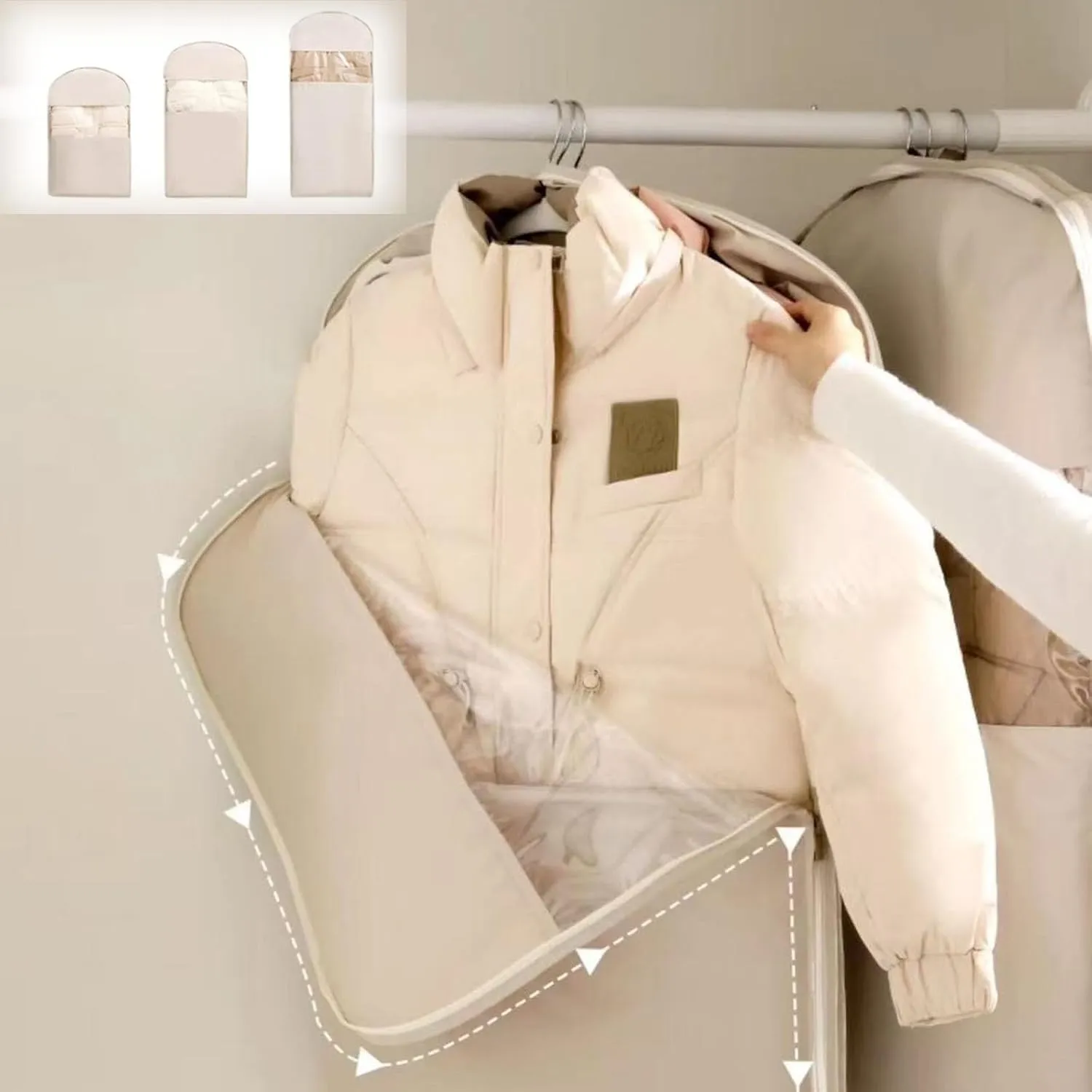 Space Saving Hanging Garment Bag with Self Compression Zipper, Upgrade Dust Cover Clothes Bags for Down Coat, Closet Organizers Heavy Duty Garment Bag Winter Coat Storage (Beige, M)