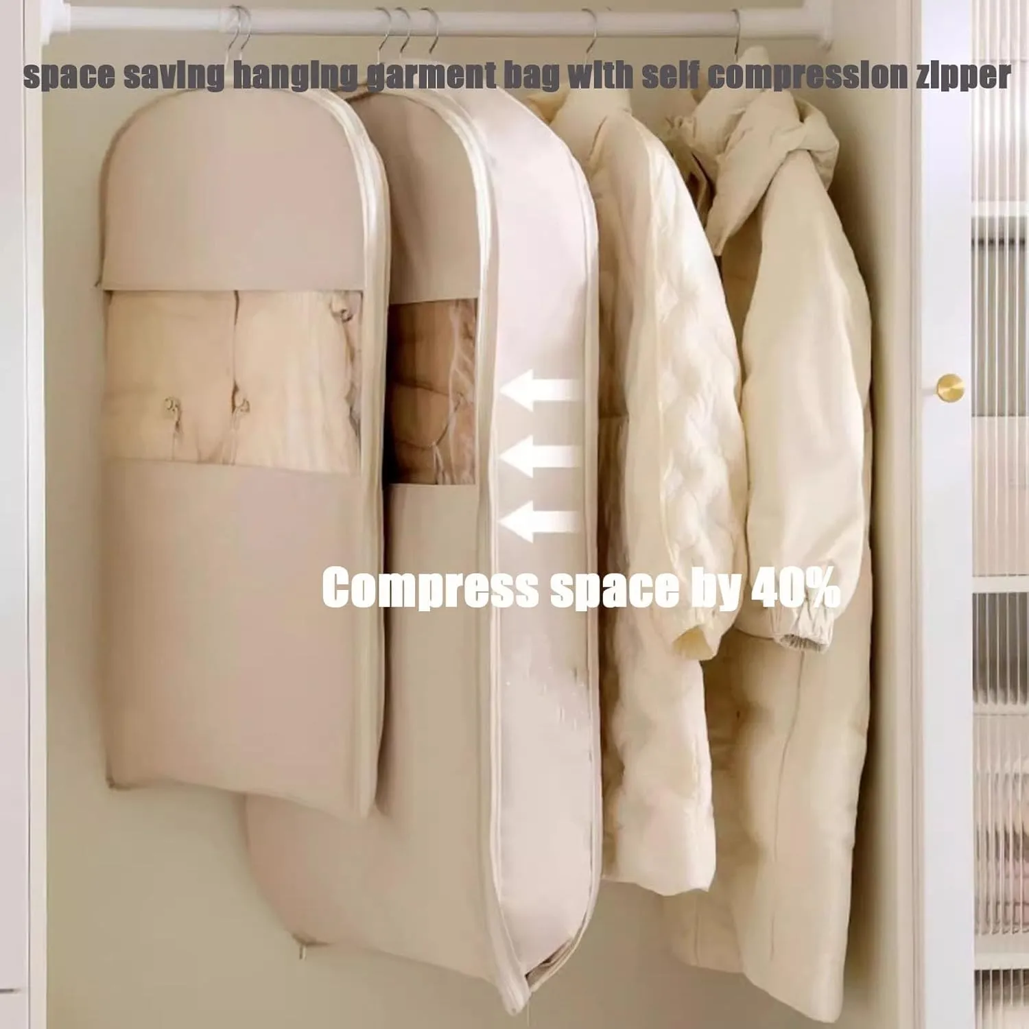 Space Saving Hanging Garment Bag with Self Compression Zipper, Upgrade Dust Cover Clothes Bags for Down Coat, Closet Organizers Heavy Duty Garment Bag Winter Coat Storage (Beige, M)
