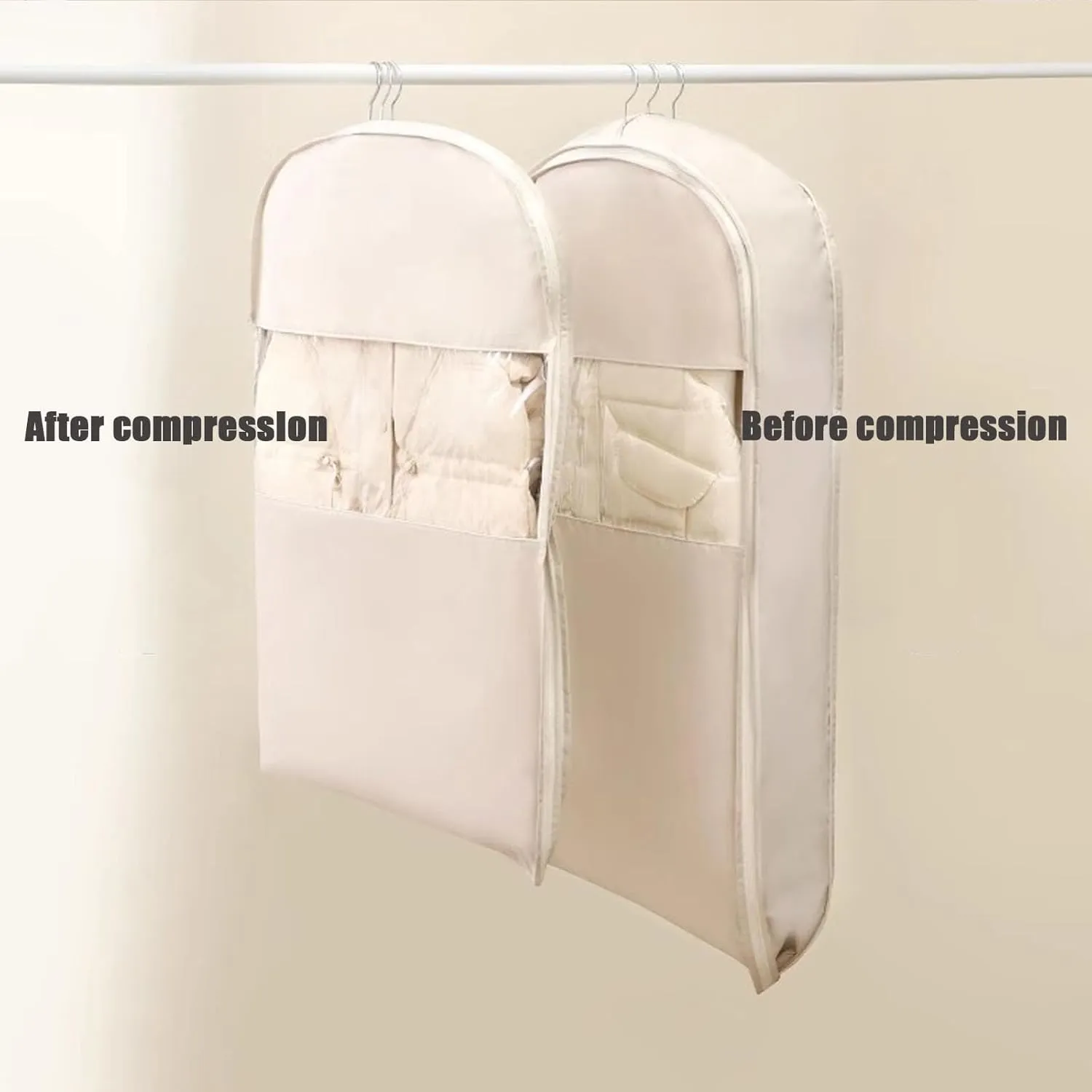Space Saving Hanging Garment Bag with Self Compression Zipper, Upgrade Dust Cover Clothes Bags for Down Coat, Closet Organizers Heavy Duty Garment Bag Winter Coat Storage (Beige, M)
