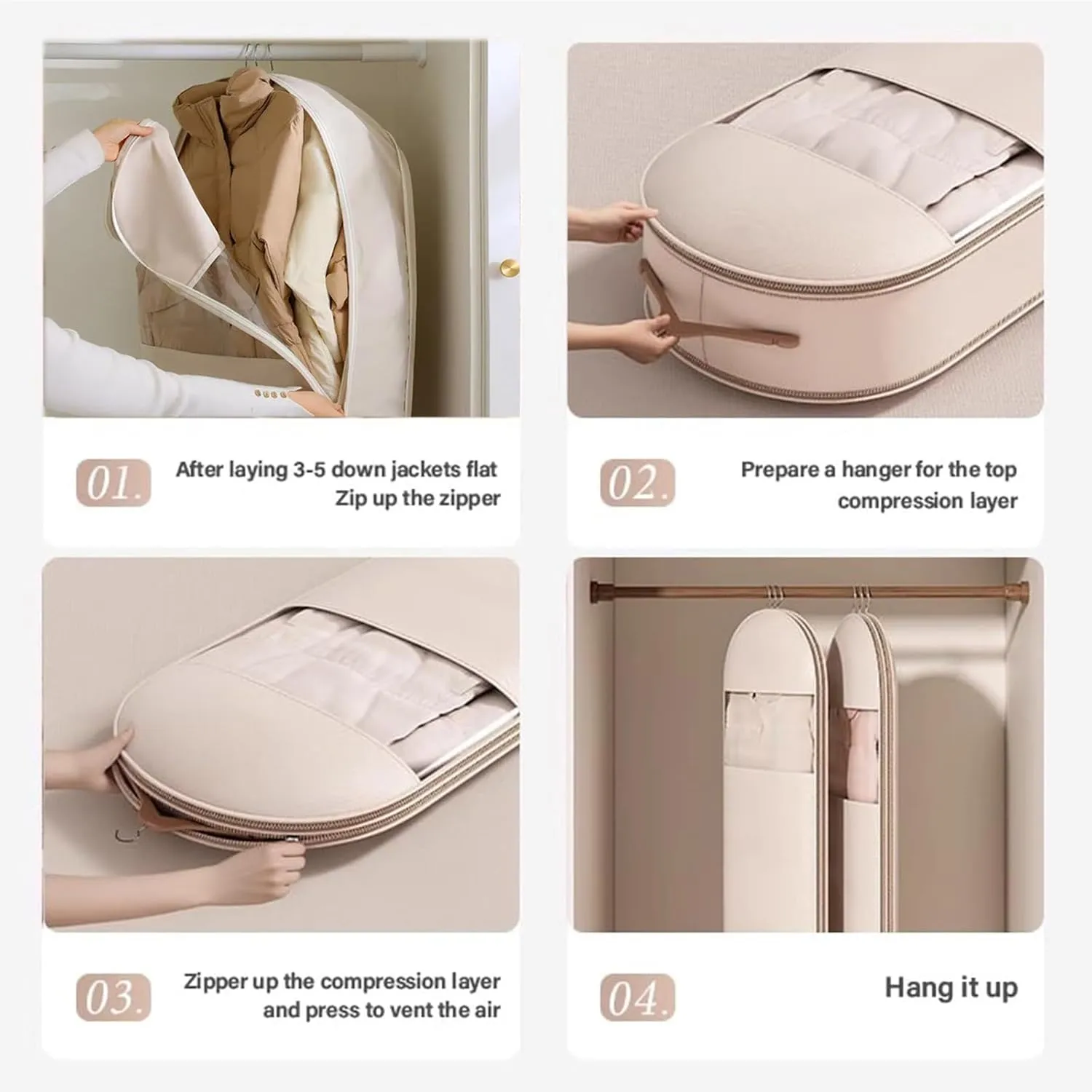 Space Saving Hanging Garment Bag With Self Compression Zipper,Protects Your Clothes From Wrinkles,Wet,Durable,Wardrobe Heavy Duty Garment Bag For Down Coat (Beige,M)