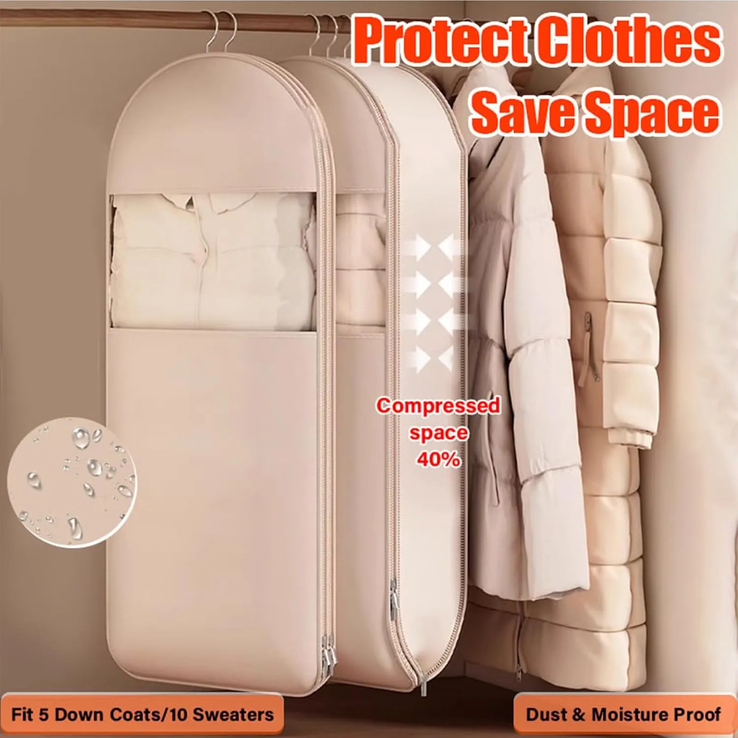 Space Saving Hanging Garment Bag With Self Compression Zipper,Protects Your Clothes From Wrinkles,Wet,Durable,Wardrobe Heavy Duty Garment Bag For Down Coat (Pink,XL)