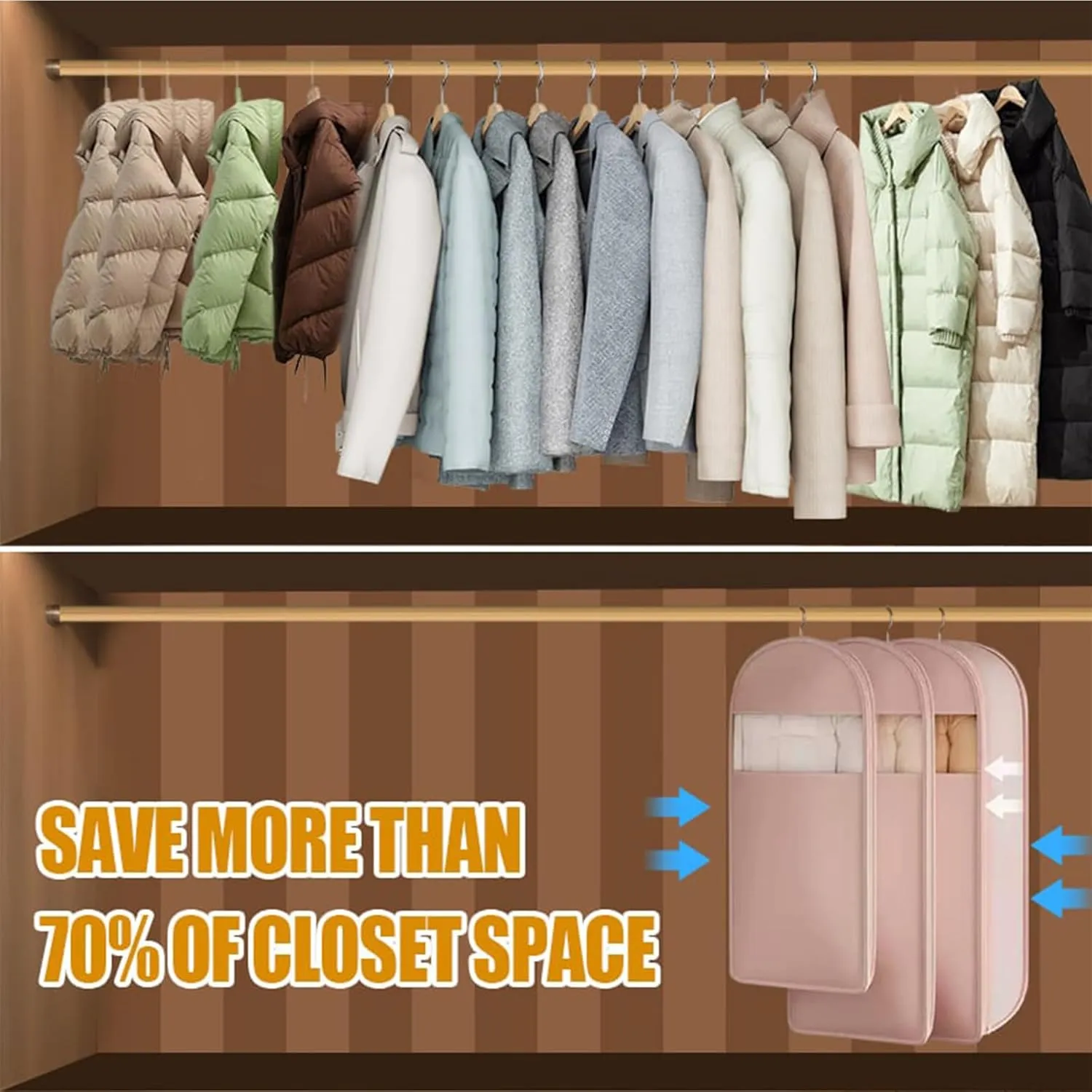 Space Saving Hanging Garment Bag With Self Compression Zipper,Protects Your Clothes From Wrinkles,Wet,Durable,Wardrobe Heavy Duty Garment Bag For Down Coat (Pink,XL)