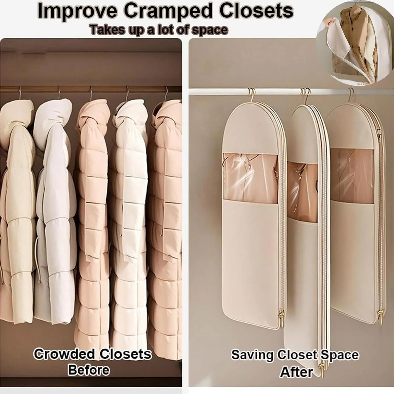 Space Saving Hanging Garment Bag with Self Compression Zipper,Space Saver Closet Organizers,Dust Cover Clothes Bags for Down Coat (Pink, S (90 * 58 * 15cm))