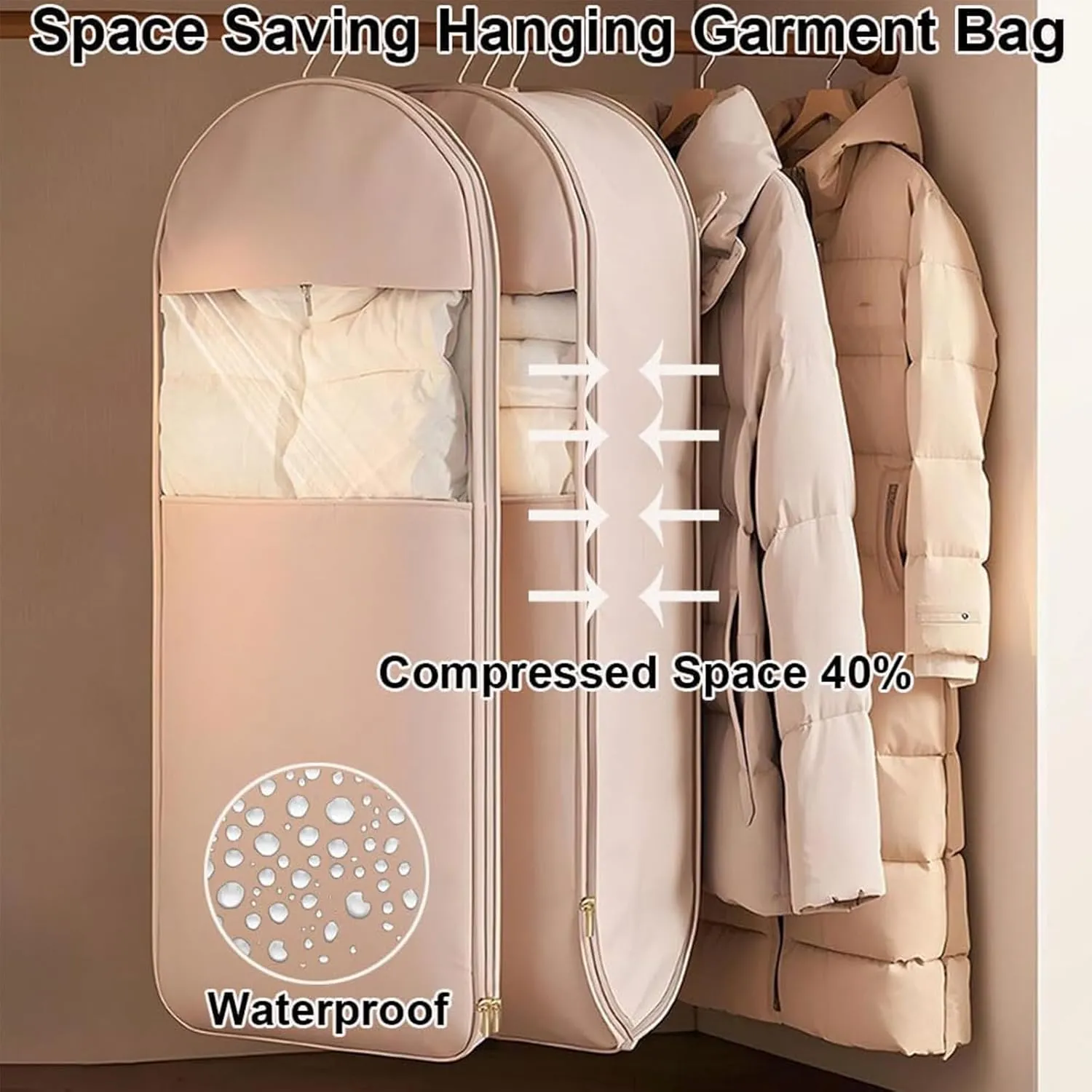 Space Saving Hanging Garment Bag with Self Compression Zipper,Space Saver Closet Organizers,Dust Cover Clothes Bags for Down Coat (Pink, S (90 * 58 * 15cm))
