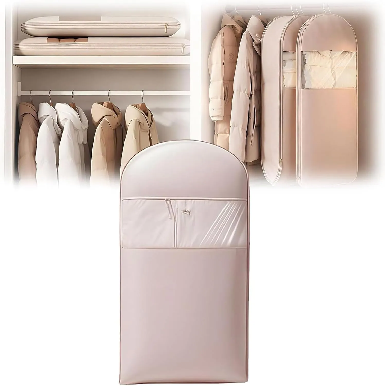 Space Saving Hanging Garment Bag with Self Compression Zipper,Space Saver Closet Organizers,Dust Cover Clothes Bags for Down Coat (Pink, S (90 * 58 * 15cm))