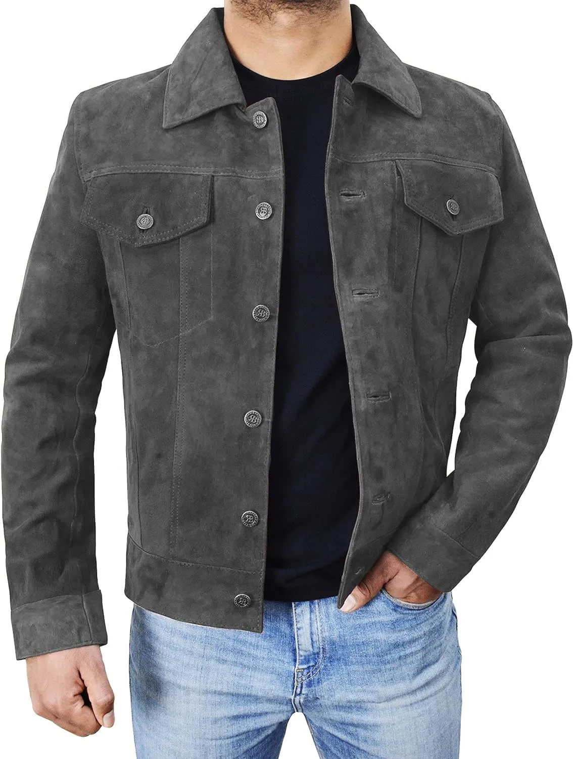 SpazeUp Mens Logan Trucker Jacket Brown Suede Leather Western Cowboy Coat - Premium Suede Leather Casual Outerwear