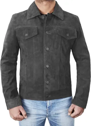 SpazeUp Mens Logan Trucker Jacket Brown Suede Leather Western Cowboy Coat - Premium Suede Leather Casual Outerwear