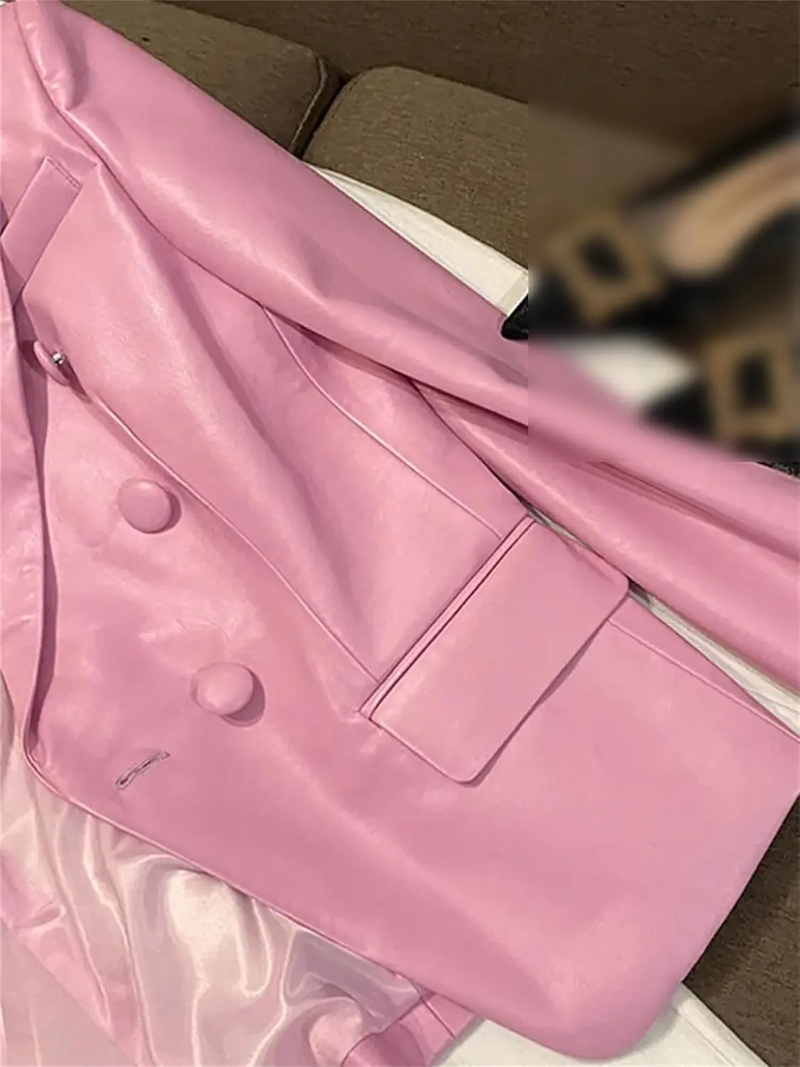 Spring Short Soft Pu Leather Blazer Long Sleeve Slim Fit Jackets for Women