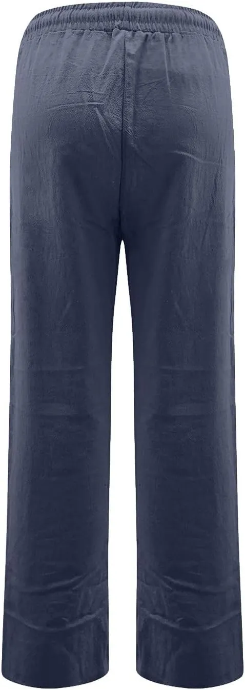Straight Leg Linen Pants Women Summer Casual Lightweight Elastic High Waisted Wide Leg Pants Lounge Trouser Pants