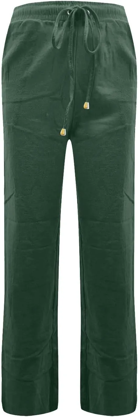 Straight Leg Linen Pants Women Summer Casual Lightweight Elastic High Waisted Wide Leg Pants Lounge Trouser Pants