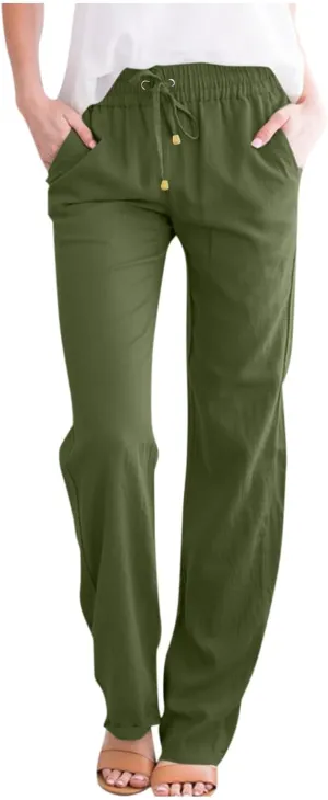 Straight Leg Linen Pants Women Summer Casual Lightweight Elastic High Waisted Wide Leg Pants Lounge Trouser Pants